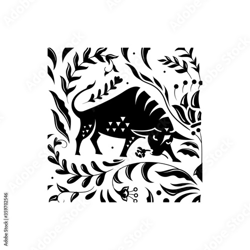 Buffalo vector illustration with floral decoration on black background.