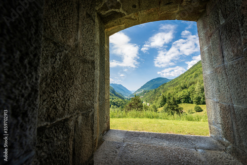 Valle del Chiese (Chiese valley), view from the window of the Forte Larino, Austro-Hungarian military fortress. Lardaro village, Trento Province, Trentino Alto Adige, Italy, Europe photo