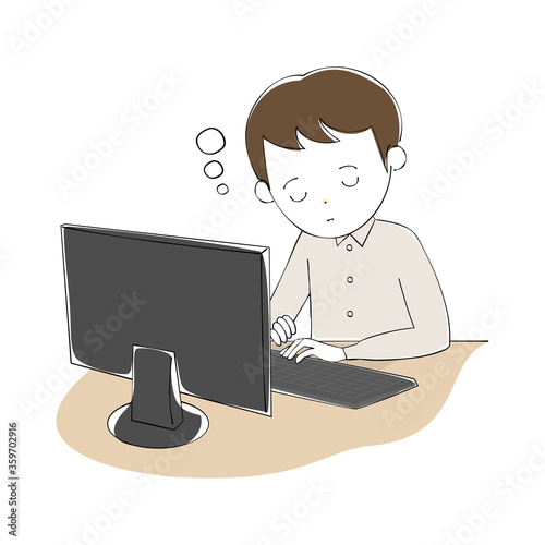 パソコンで作業しながらうとうと居眠りをする若い男性