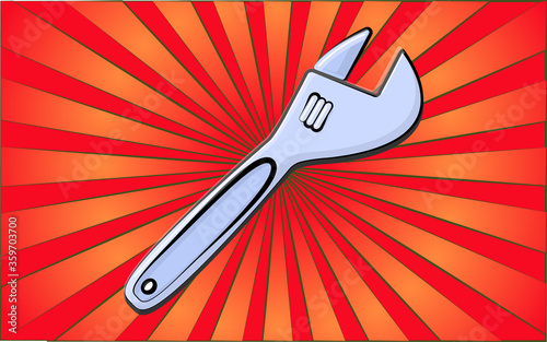 Construction repair fitter tools adjustable plumbing wrench for tightening nuts on a background of abstract red rays. Vector illustration