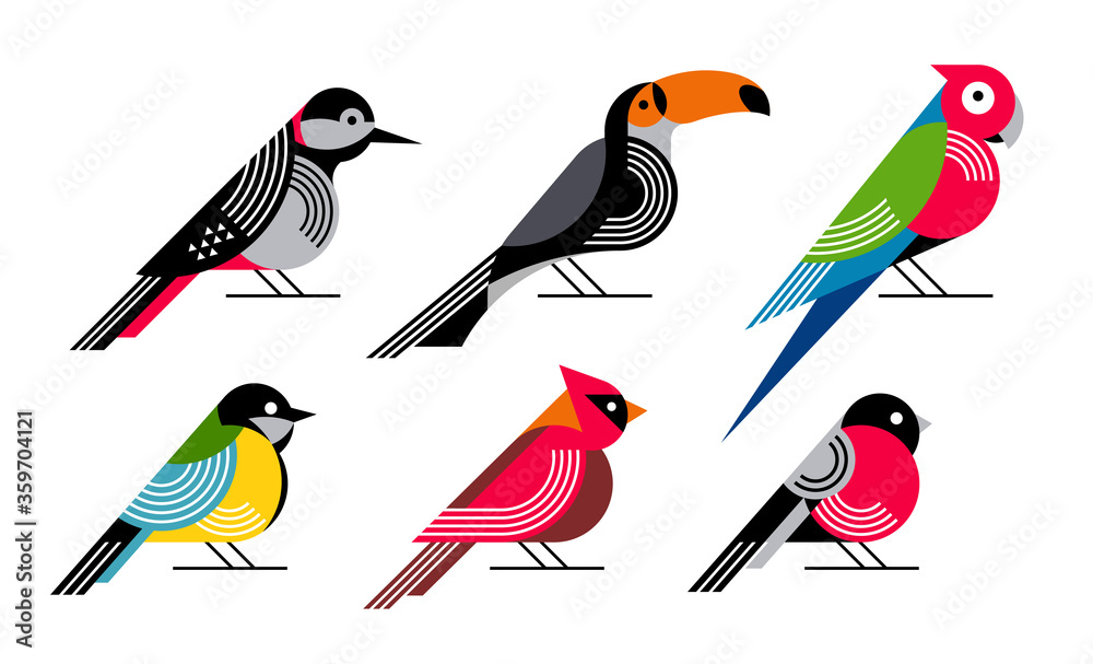 Obraz premium Birds flat vector illustration set. Geometry style woodpecker, toucan, parrot, blue tit, cardinal, bullfinch.