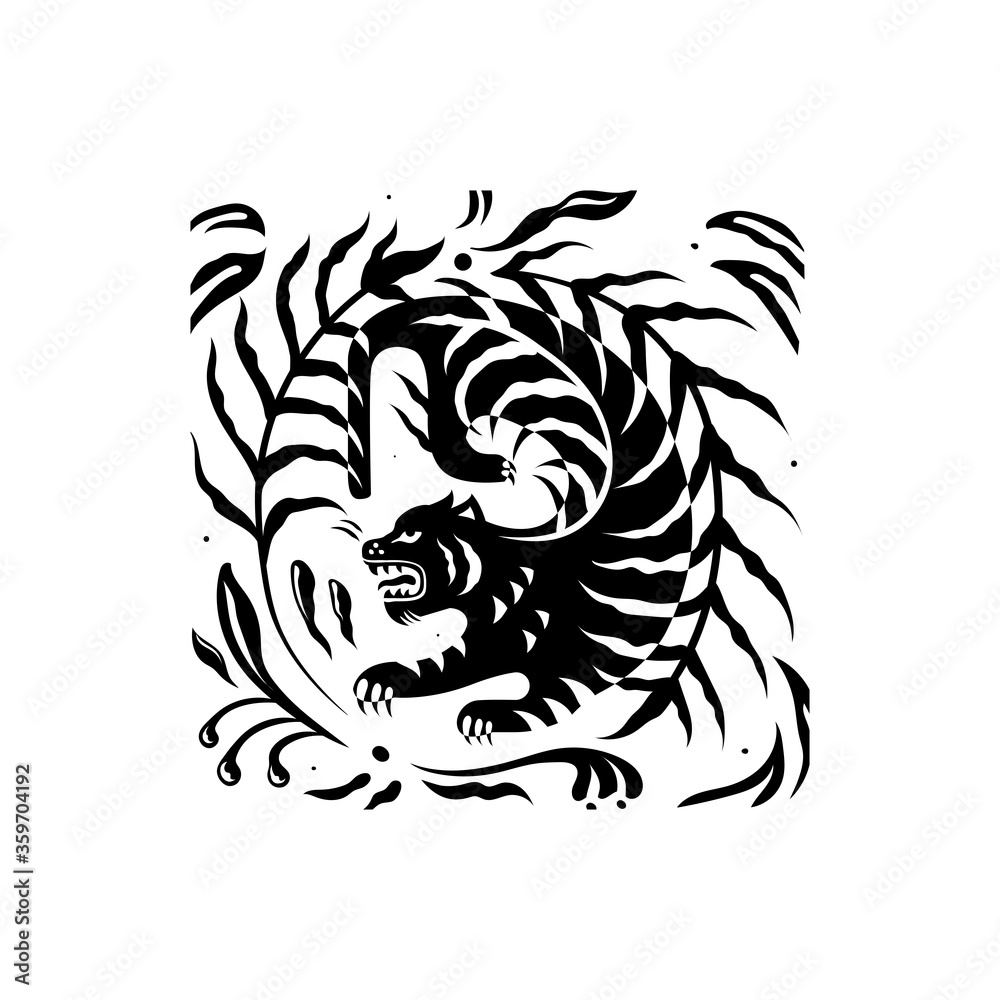 Fototapeta premium Lion vector illustration with a floral decoration on a black background.