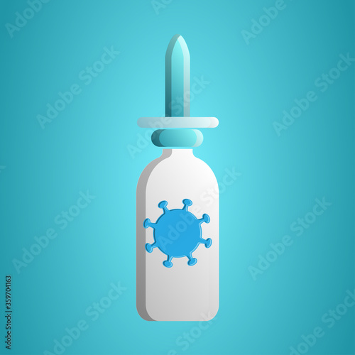 Medical drops spray for throat and nose with medication for illness deadly dangerous coronavirus infection covid-19 pandemic virus molecule on a blue background