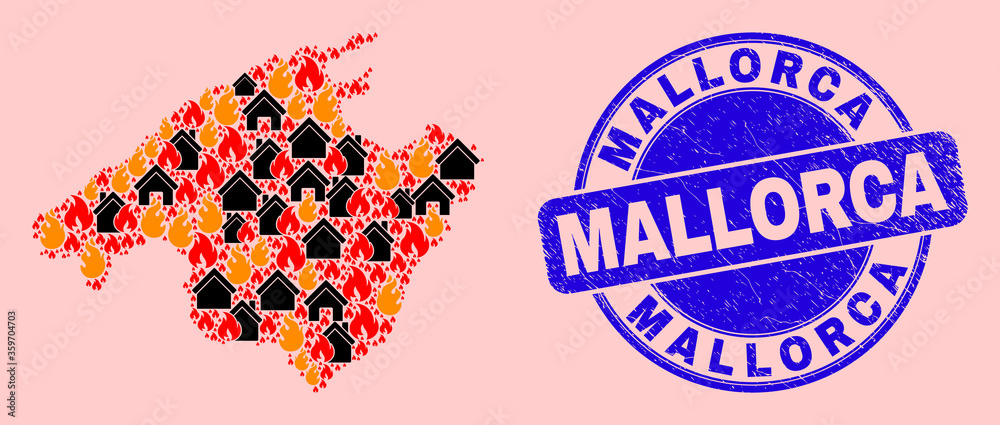 Fire and property collage Mallorca map and Mallorca rubber seal. Vector collage Mallorca map is created from randomized burning towns. Mallorca map collage is formed for fire protection illustrations.