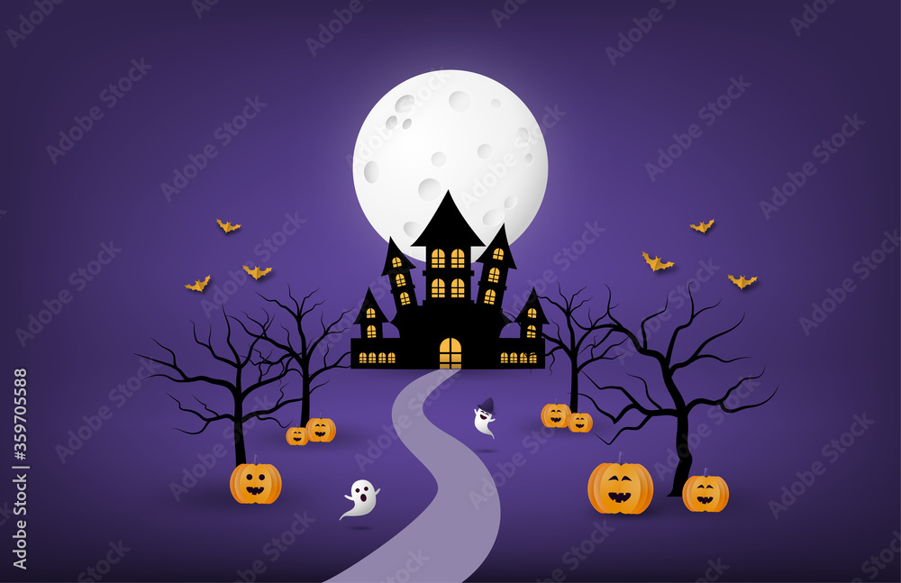 Happy Halloween banner or poster background with big moon and silhouette ghost castle, pumpkin, bare tree and bit in paper cut style.