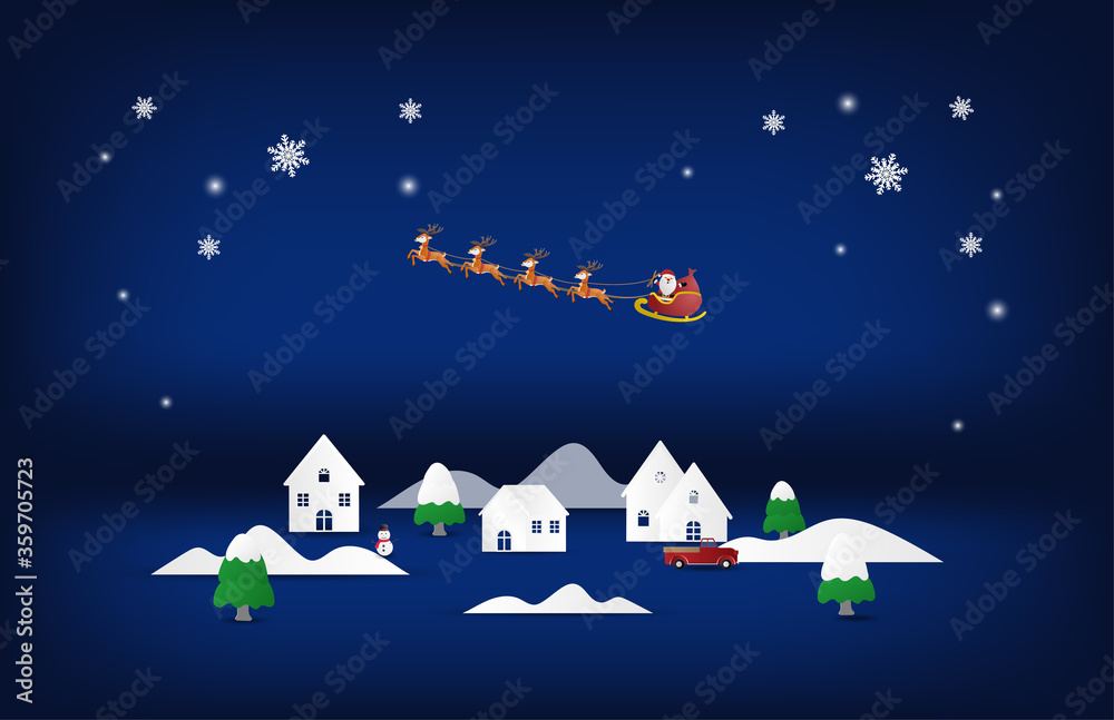 Paper art and craft Christmas background. Santa Claus and reindeer flying over city on blue background.