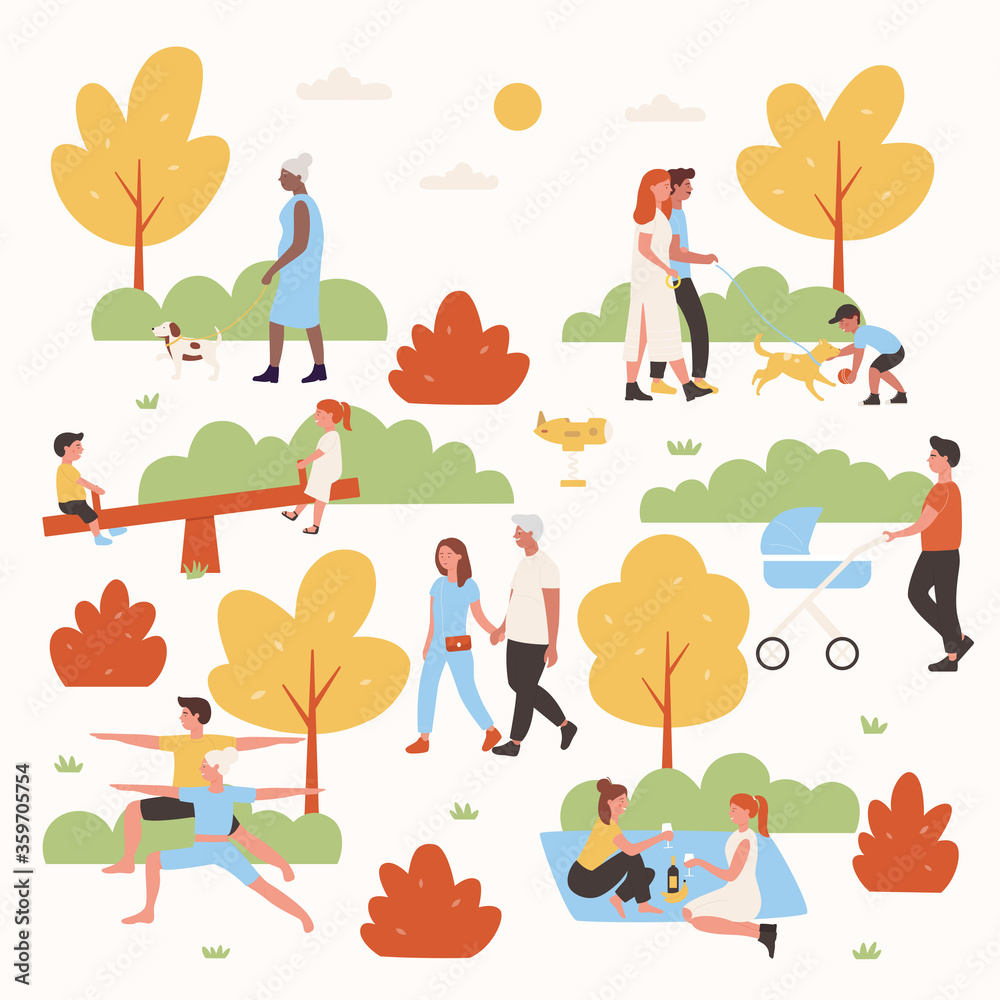 People relax in park vector illustration. Cartoon flat woman man couple characters or family with kid have fun in summer city park, walk, do yoga outdoor exercises, relaxing weekend isolated on white
