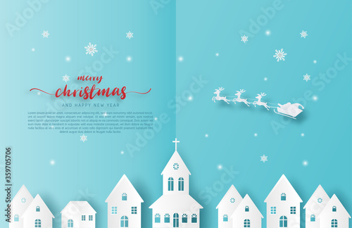 Merry Christmas background. Santa Claus and reindeer flying over city in paper cut style on blue background.