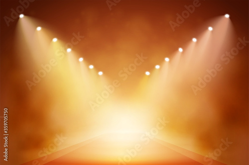 Bright warm spotlights with stage. Big space for light background.