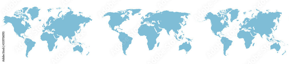 Set of 3 different blue world maps. Vector design elements