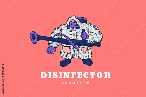 Disinfector logotype. Coronavirus and pandemic. Vector illustration on pink background