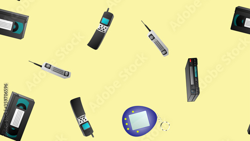 Seamless pattern of retro old hipster electronic devices technology computers cassettes tape recorders mobile phones from the 70s, 80s, 90s, 2000s on a yellow background