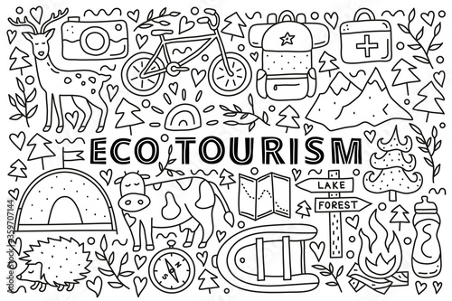 Poster with lettering and doodle outline eco tourism icons including deer, camera, bicycle, sun, backpack, first aid kit, mountains, tent, cow, hedgehog, compass, boat isolated on white background.