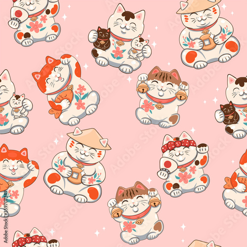 Seamless pattern with Maneki neko. Vector graphics.