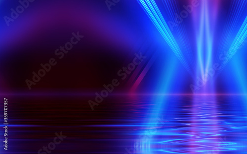 Light neon effect  energy waves on a dark abstract background. Laser colorful neon show. Reflection of light in the water. Smoke  fog. 3d illustration