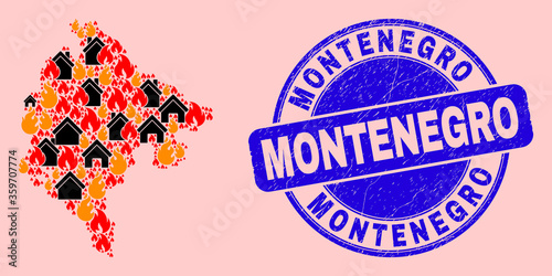 Fire and realty collage Montenegro map and Montenegro grunge stamp print. Vector collage Montenegro map is composed of randomized burning villages.