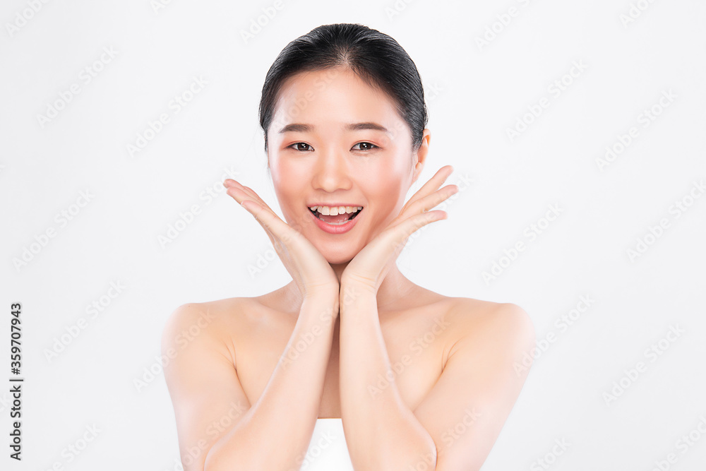 Beautiful Young asian Woman touching her clean face with fresh Healthy Skin, isolated on white background, Beauty Cosmetics and Facial treatment Concept Beautiful Young asian Woman touching her clean face with fresh Healthy Skin, isolated on white background, Beauty Cosmetics and Facial treatment Concept