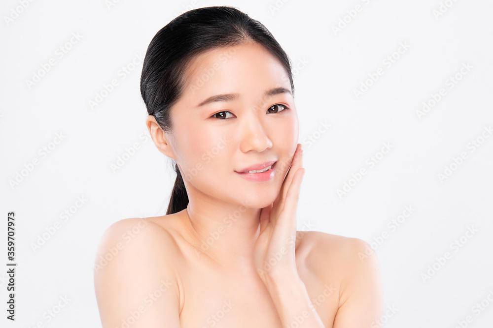 Beautiful Young asian Woman touching her clean face with fresh Healthy Skin, isolated on white background, Beauty Cosmetics and Facial treatment Concept Beautiful Young asian Woman touching her clean face with fresh Healthy Skin, isolated on white background, Beauty Cosmetics and Facial treatment Concept