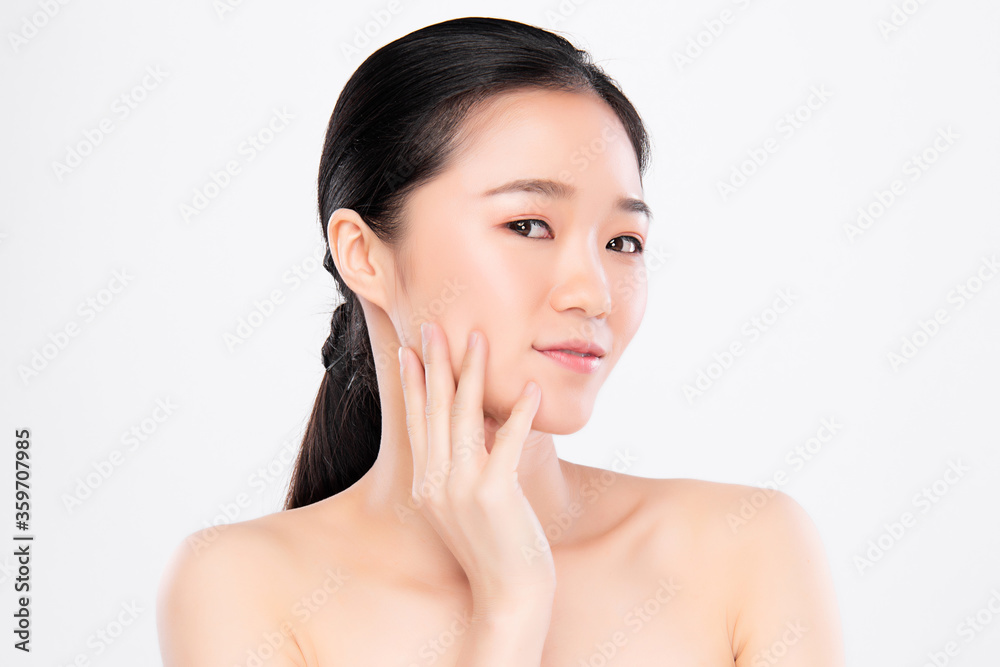 Beautiful Young asian Woman touching her clean face with fresh Healthy Skin, isolated on white background, Beauty Cosmetics and Facial treatment Concept Beautiful Young asian Woman touching her clean face with fresh Healthy Skin, isolated on white background, Beauty Cosmetics and Facial treatment Concept