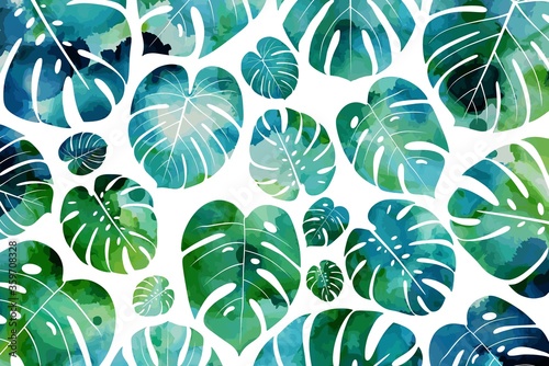 Background with tropical palm leaves, monstera, passion fruit. Beautiful hand-drawn exotic plants. Floral background. Monstera isolated on white background. Monstera leaves, jungle
