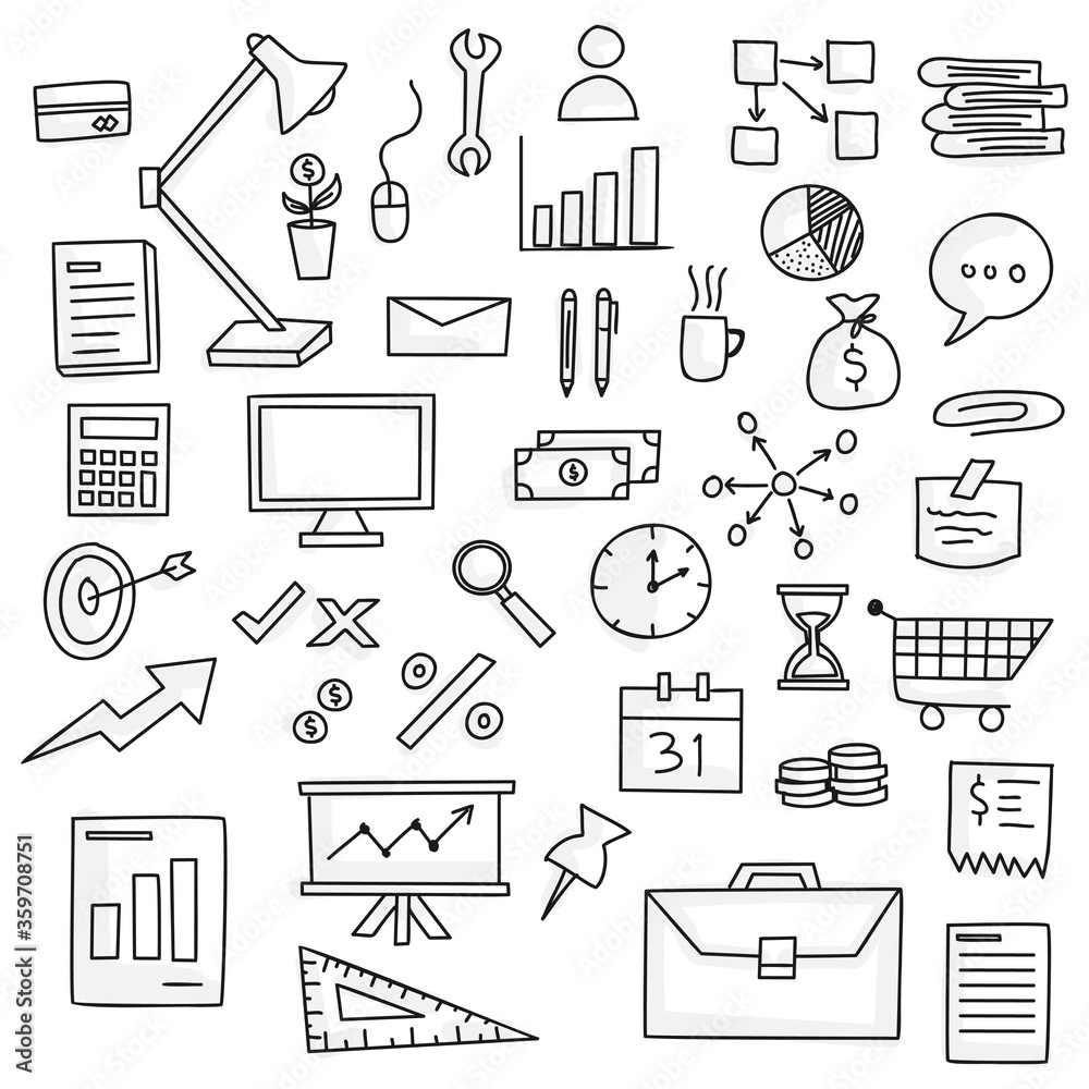 Hand drawn doodle style business, SEO, management and finance icon concept. vector illustration