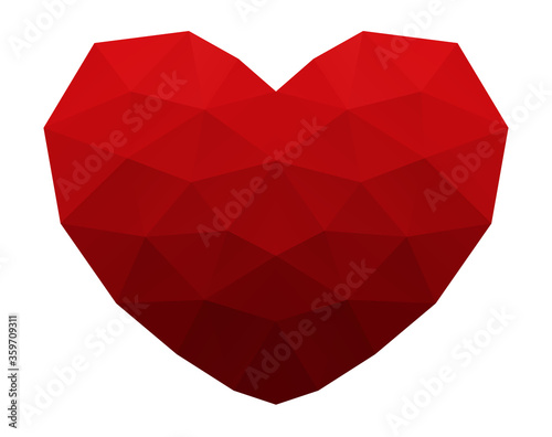 Red polygonal heart on white background. Low poly symmetrical heart