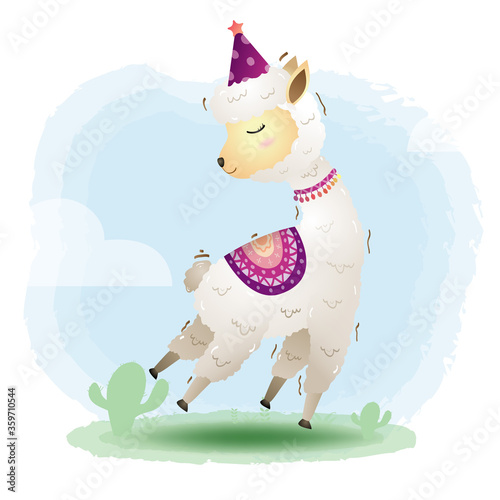 cute little alpaca with accessories in the children's style. cute cartoon little alpaca vector illustration