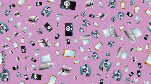 Seamless pattern from retro old hipster electronic devices technology computers cassettes tape recorders mobile phones from the 70s, 80s, 90s, 2000s on a pink background