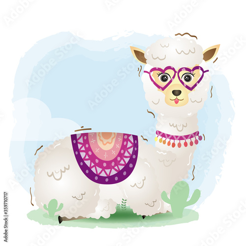 cute little alpaca with accessories in the children's style. cute cartoon little alpaca vector illustration