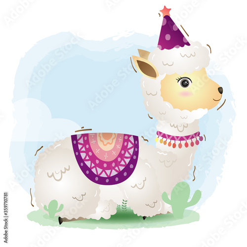 cute little alpaca with accessories in the children's style. cute cartoon little alpaca vector illustration