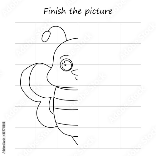 Copy and complete the picture of a bee. Education game for children, preschool. Coloring book. Cartoon vector stock illustration isolated on white background