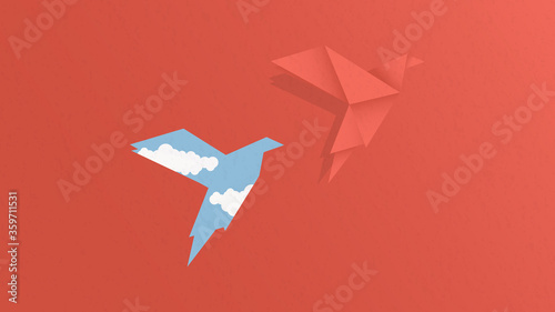 freedom concept and international day of peace. paper bird flying out of a red paper . vector illustration, flat design