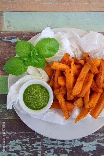 Sweet potato fries with basil pesto