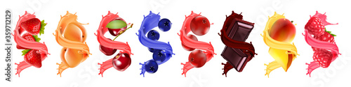 Fruit and berry in juice splash or yogurt swirl with strawberry, blueberry, cranberry, cherry, apricot, chocolate, mango and raspberry. 