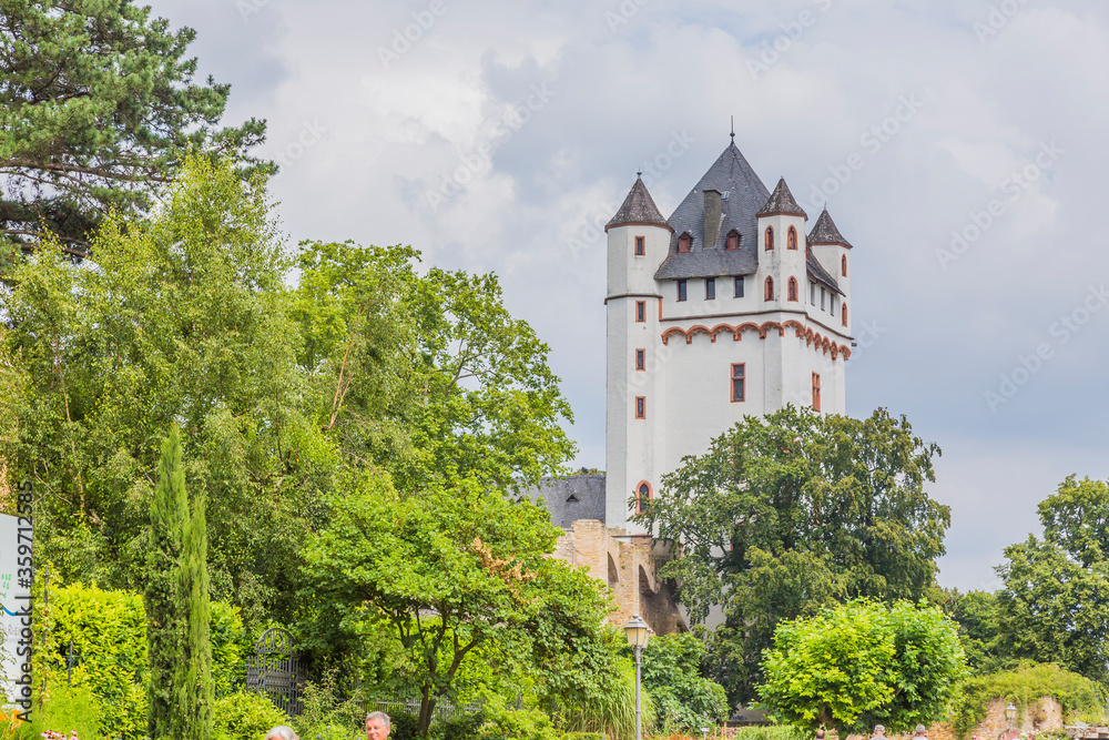View on tower of Eltville castle at river Rhine in Germany in summer