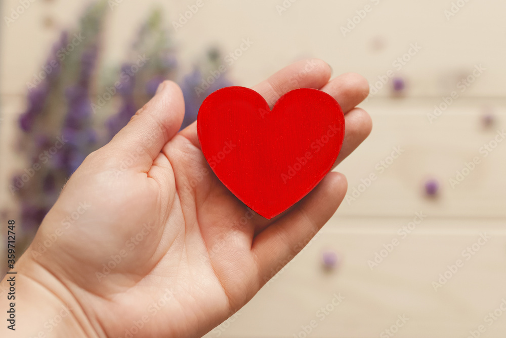 red wooden heart on female palm on background of light natural offset with purple lupine flowers in blur