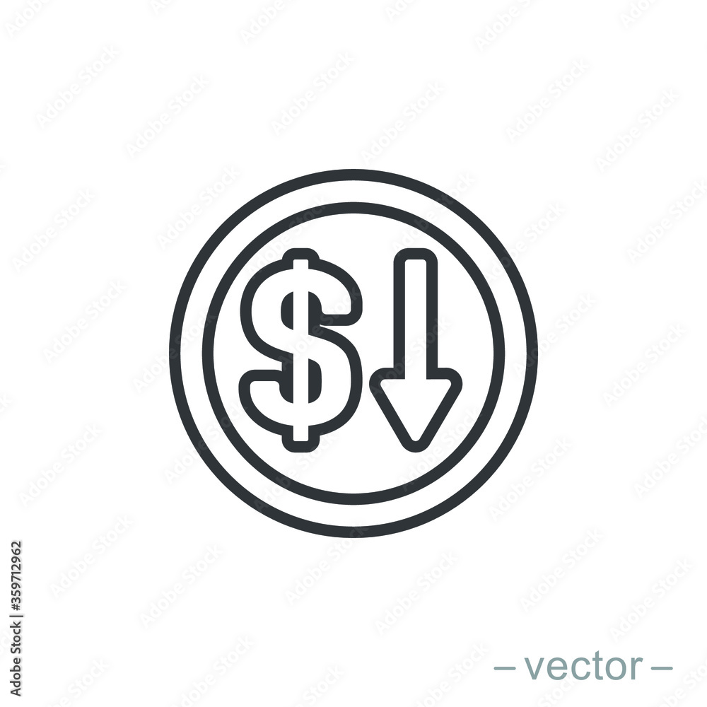 Dollar down icon symbol vector on white background. Line style. EPS 10. Dollar down icon symbol vector on white background. Line style. EPS 10.