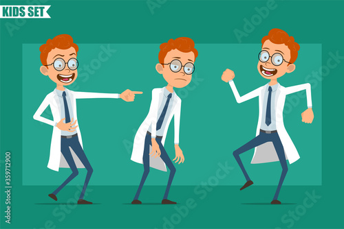 Cartoon flat redhead little doctor or scientist boy character in uniform. Ready for animation. Kid tired, laughing, jumping and dancing. Isolated on green background. Vector set.