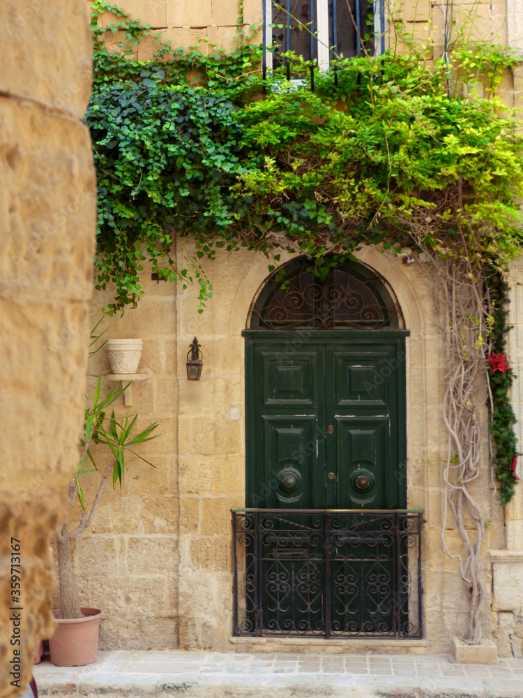 Fototapeta premium Vertical photo of green aged entrance door classical colonial style. Birgu, Malta