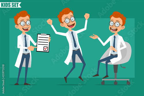 Cartoon flat redhead little doctor or scientist boy character in uniform. Ready for animation. Kid sitting, jumping and showing to do task list. Isolated on green background. Vector set.