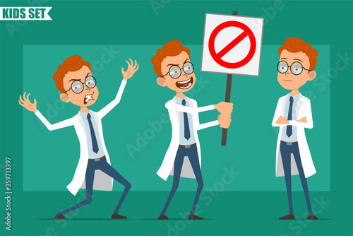 Cartoon flat redhead little doctor or scientist boy character in uniform. Ready for animation. Kid angry, standing and holding on entry stop sign. Isolated on green background. Vector set.