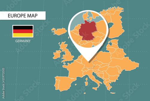 Germany map in Europe zoom version, icons showing Germany location and flags.