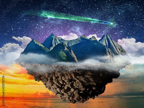 fantasy night lanscape, mountain island floating above sea  and starry sky with comet photo