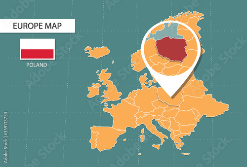 Poland map in Europe zoom version, icons showing Poland location and flags.
