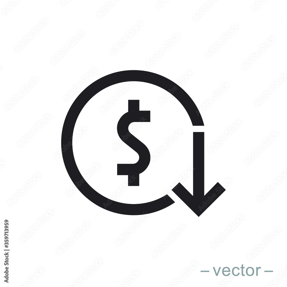 Dollar down icon symbol vector on white background. Solid style. EPS 10. Dollar down icon symbol vector on white background. Solid style. EPS 10.