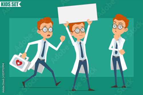 Cartoon flat redhead little doctor or scientist boy character in uniform. Ready for animation. Kid running with first aid kit and holding blank sign for text. Isolated on green background. Vector set.