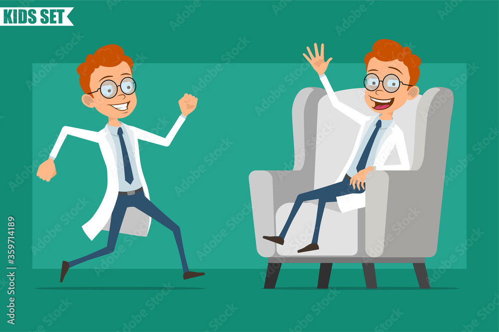 Cartoon flat redhead little doctor or scientist boy character in uniform. Ready for animation. Kid running, showing Hello gesture and resting on sofa. Isolated on green background. Vector set. Cartoon flat redhead little doctor or scientist boy character in uniform. Ready for animation. Kid running, showing Hello gesture and resting on sofa. Isolated on green background. Vector set.