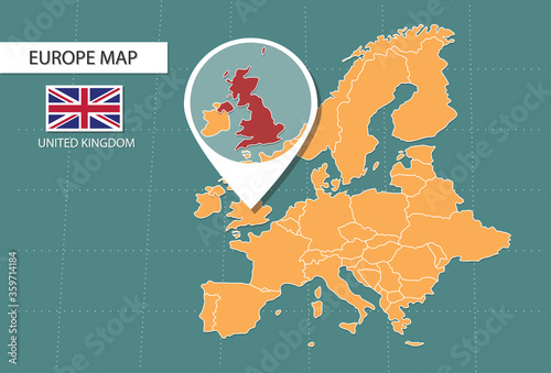 United Kingdom map in Europe zoom version, icons showing United Kingdom location and flags.