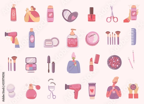 Collage of illustrations with of cosmetics and body care products for make up near the girls . Vector modern illustration in flat style.