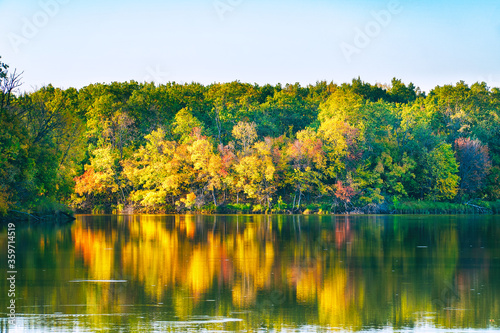 Quiet lake in autumn forest, among the autumn, yellowing trees